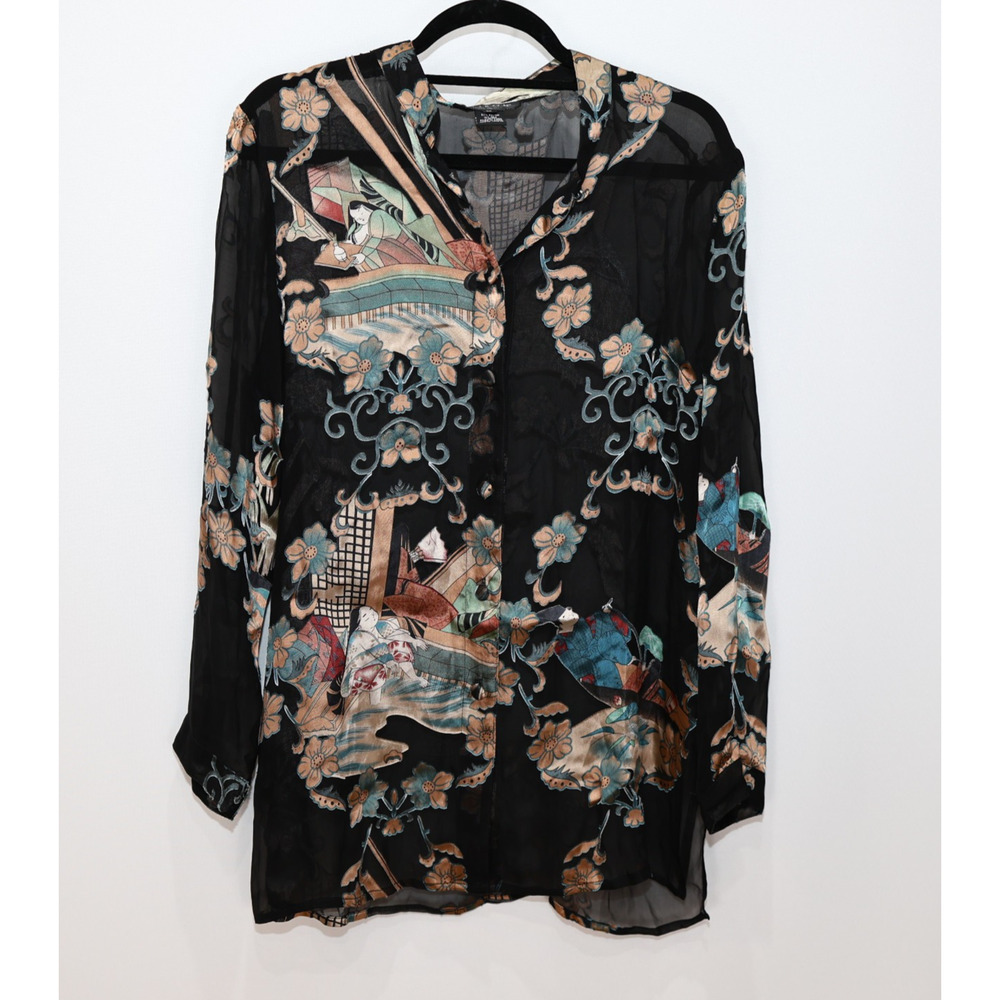 A4 Auth CITRON Santa Monica Floral Black Damask Silk Long Tunic Top Blouse Sz M - Picture 6 of 9